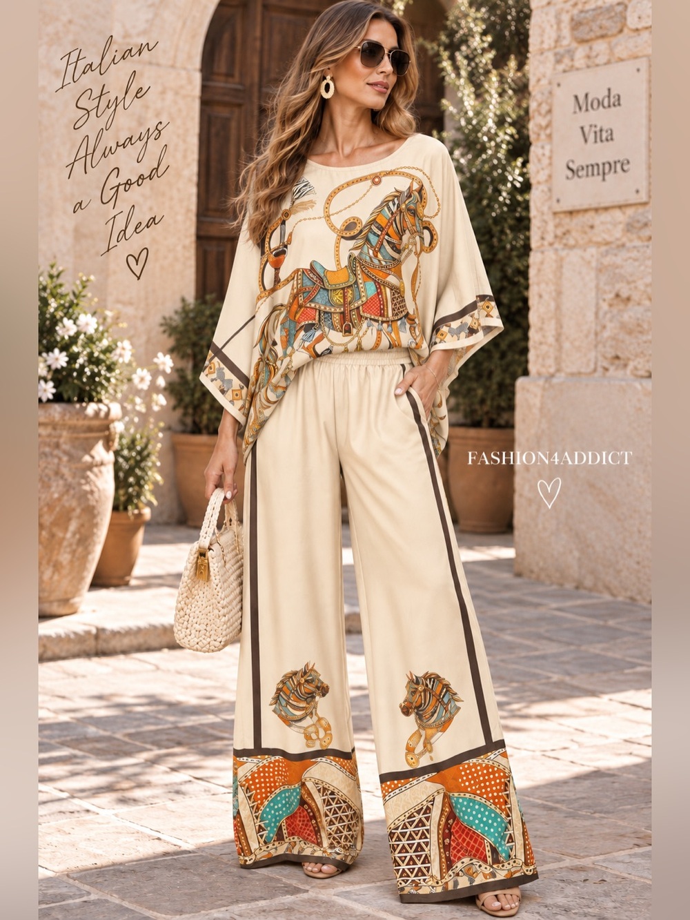 E47. From Italy 🇮🇹 Cream Wide-Leg Set with Equestrian Print